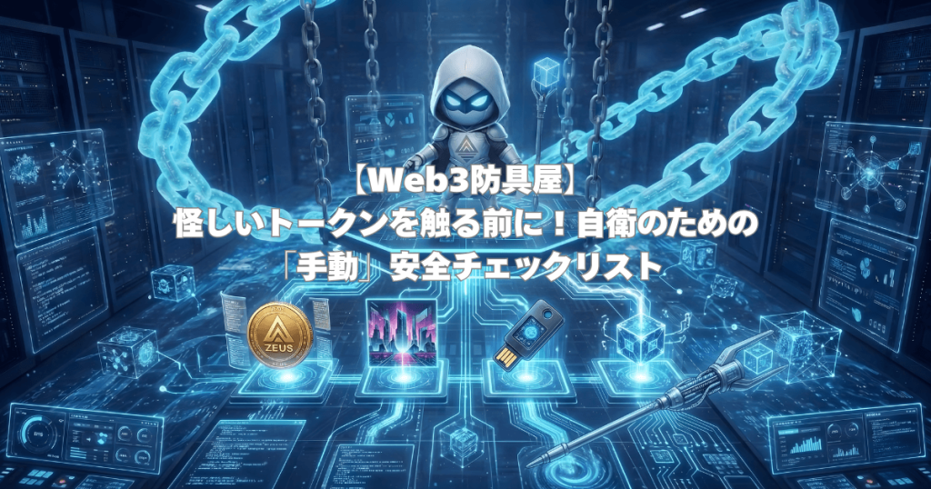 デジタルチェーンに囲まれたプラットフォームに立つシルバーのロボット。手前には金色のZEUSコイン、USBキー、近未来的な杖が配置された、Web3セキュリティを象徴する画像。