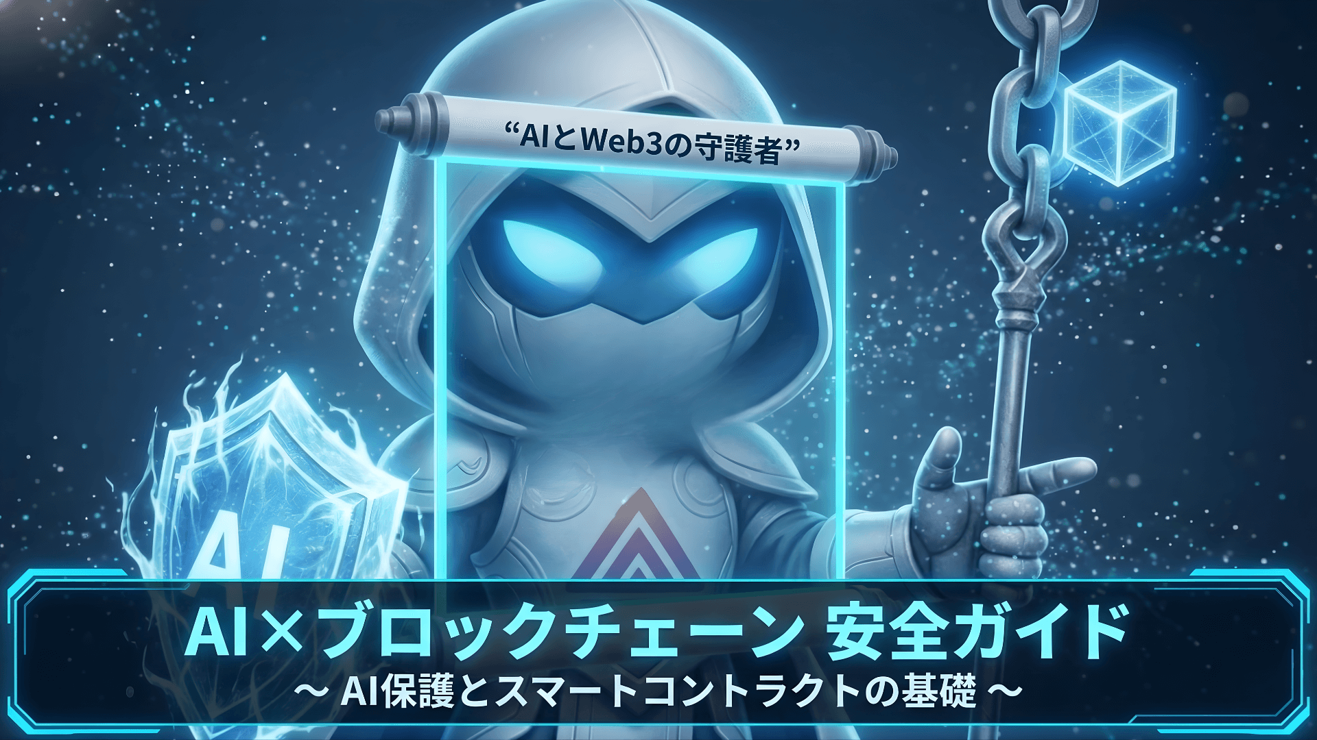 AIと書かれた光る盾を持つサイバー調の守護者キャラクター。安全なAIサービスの選び方をナビゲートするイメージ画像。