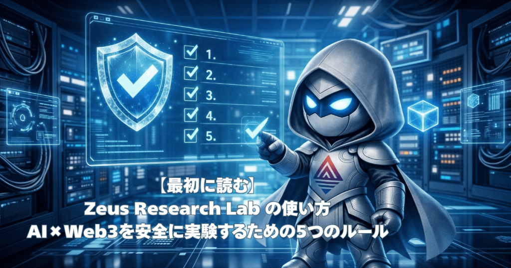 シルバーのフードを被ったロボットが、AIとWeb3を安全に実験するための5つのルールが記載された青いホログラムパネルを指差している画像。