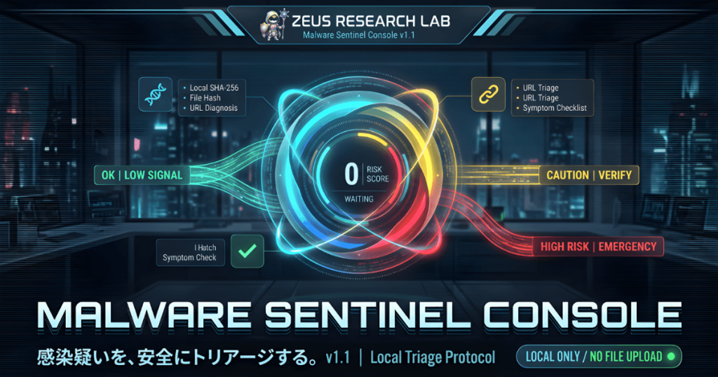 Zeus Research LabのMalware Sentinel Console v1.1ダッシュボード。中央にリスクスコア「0」、周囲に「Local SHA-256」、「URL Triage」、「Symptom Check」などの機能と、リスクレベル(OK、CAUTION、HIGH RISK)が視覚化されている。下部にツール名と「感染疑いを、安全にトリアージする。」の日本語テキスト。