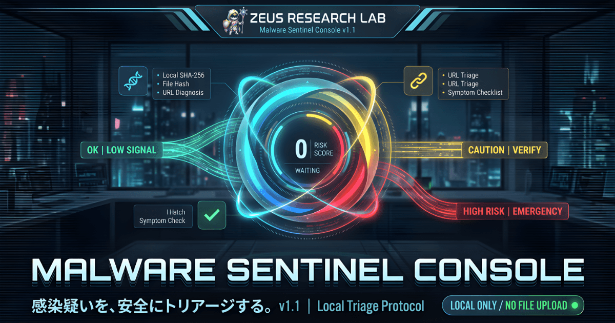 Zeus Research LabのMalware Sentinel Console v1.1ダッシュボード。中央にリスクスコア「0」、周囲に「Local SHA-256」、「URL Triage」、「Symptom Check」などの機能と、リスクレベル(OK、CAUTION、HIGH RISK)が視覚化されている。下部にツール名と「感染疑いを、安全にトリアージする。」の日本語テキスト。