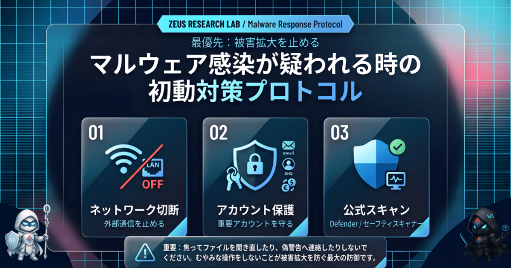 サイバーパンクなラボの背景に、中央に大きなリスクスコアメーター（数値0）を配したデジタルダッシュボード。左側に「Low Signal（緑）」、右側に「Caution（黄）」と「High Risk（赤）」の分析パスが伸びており、上部にはZeus Research Labのロゴと守護者キャラクターが配置されている。