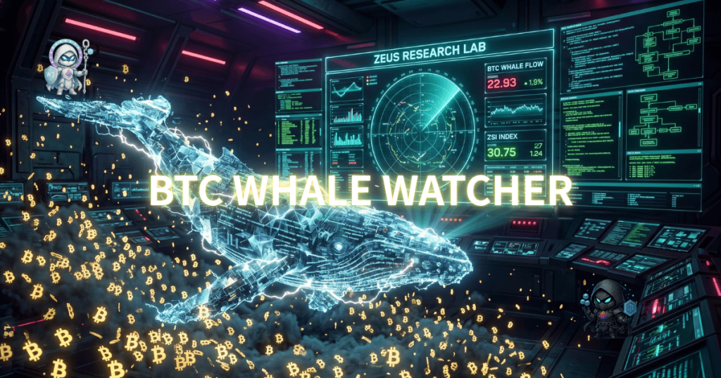 サイバーパンクな仮想通貨研究室のモニターに映る巨大なデジタルクジラとビットコイン、中央に「BTC WHALE WATCHER」のタイトル。