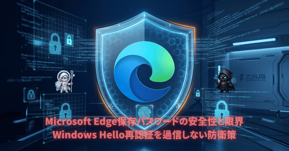 近未来的なデジタルシールドの中に配置されたMicrosoft Edgeのロゴ。周囲には南京錠のホログラム、指紋認証のアイコン、Zeus Research Labのロゴが配置され、ブラウザの資格情報保護とセキュリティ階層を象徴している。